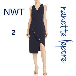 NWT (S) Nanette Lepore navy shift midi asymmetric double V gold button hardware